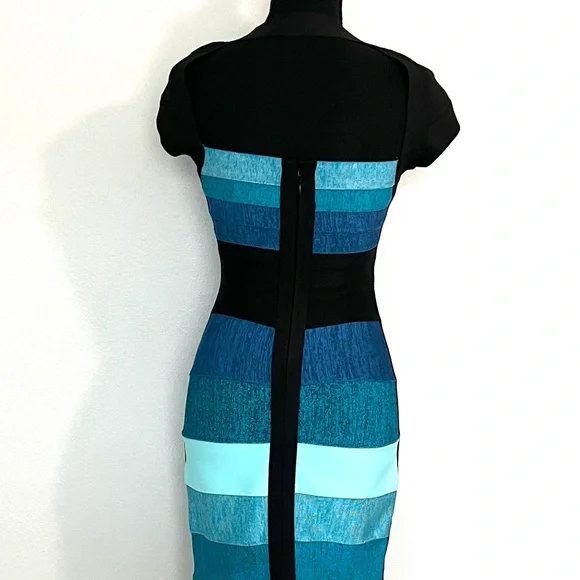 VENUS Teal and Black Striped Bandage Midi Dress - Picture 2 of 13